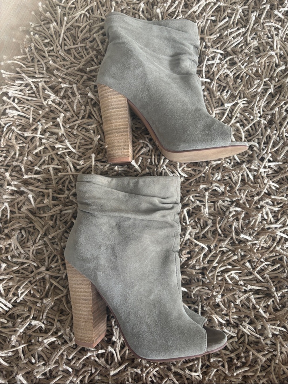 Chinese Laundry Kristin Cavallari Light Gray Suede Open-Toe Booties block heel